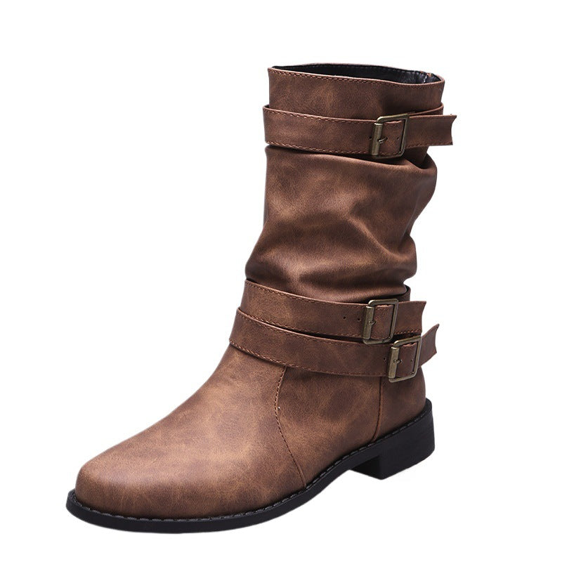 Damen nan lässige knöchelhohe Stiefelette mit gerafftem Schaft, dekorativen Schnallenriemen und flexibler Profilsohle EB