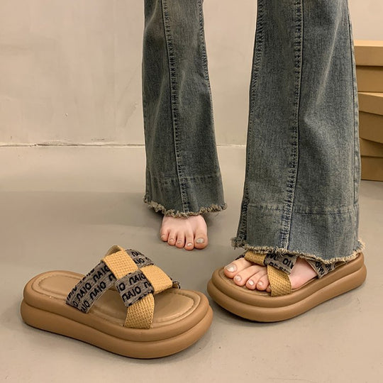 Damen modische Slide-Pantoletten mit komfortablem Fußbett und elastischen Riemen EB