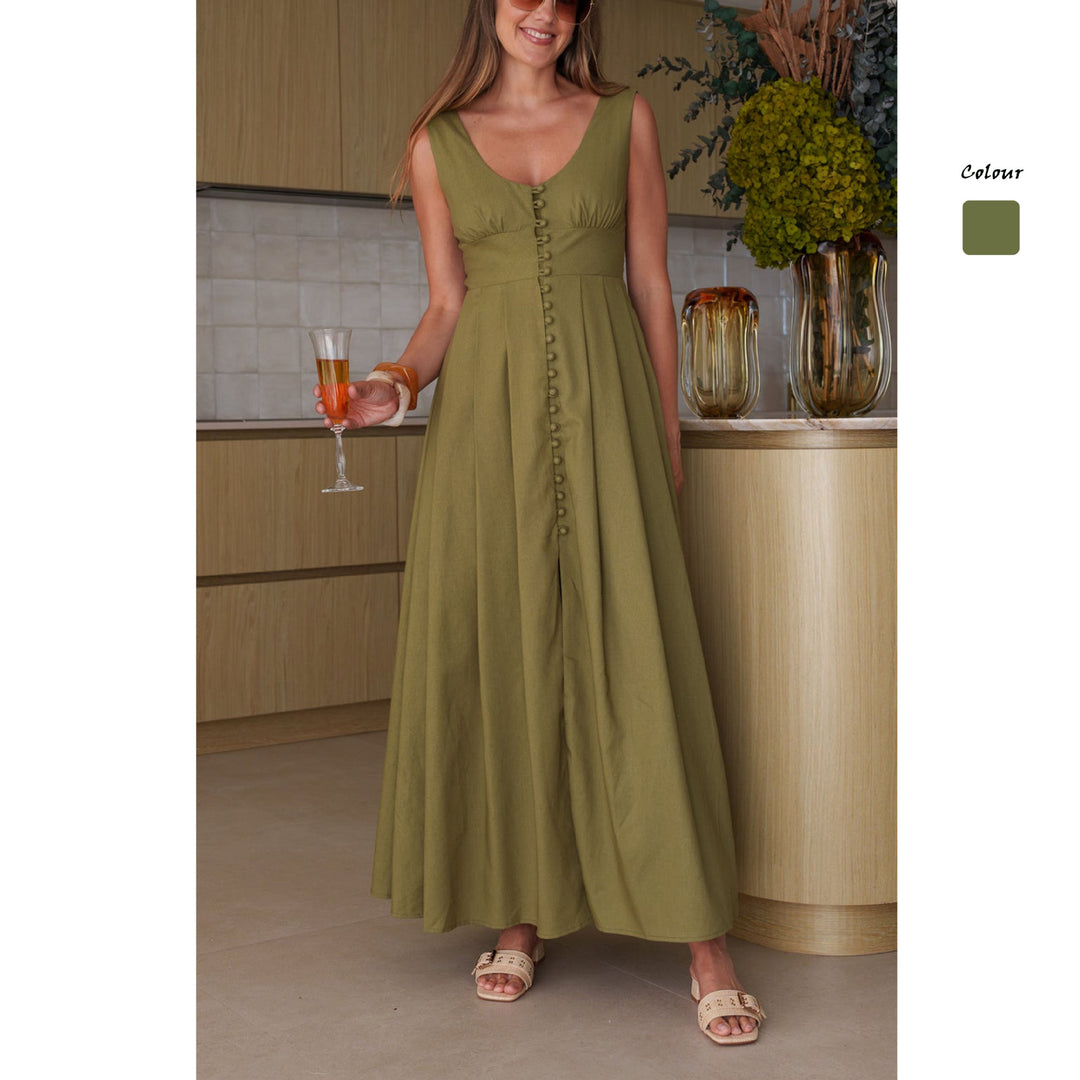 Damen Maxikleid mit schickem Knopfdesign und elegantem V-Ausschnitt EB