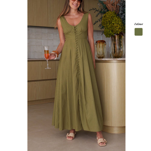 Damen Maxikleid mit schickem Knopfdesign und elegantem V-Ausschnitt EB