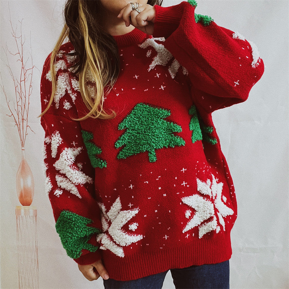 Damen Weihnachtspullover mit festlichem Motiv und voluminösen Ärmeln EB