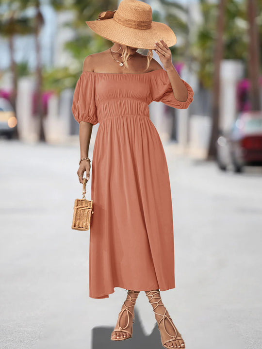 Damen Off-Shoulder Maxikleid mit voluminösen Puffärmeln und elastischem Taillenband EB