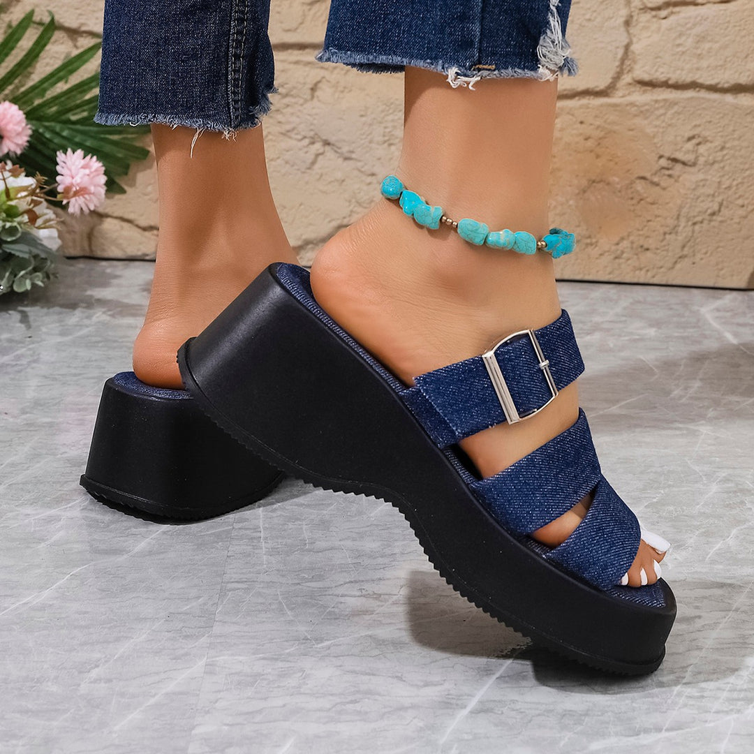 Damen Wedge-Pantoletten mit verstellbarem Schnallenverschluss und modischem Denim-Design EB