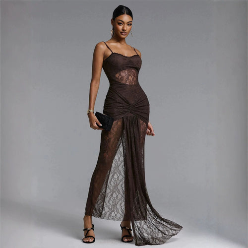 Damen Elegantes Spitzenmaxikleid mit raffinierter Drapierung EB