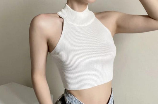Damen Crop-Top mit hohem Kragen und Rippstruktur EB
