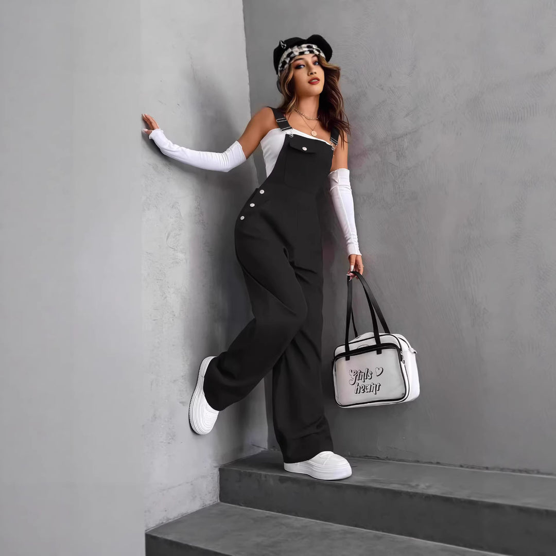 Damen nan weite Latzhose mit seitlichen Zierknöpfen, Brusttasche und weitem Bein EB