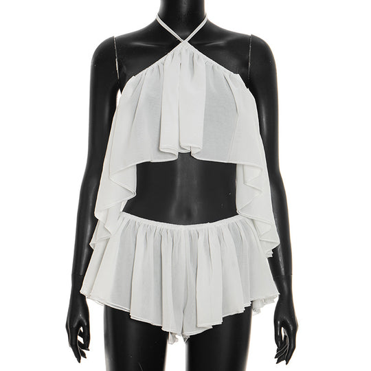Damen Paty-Set mit Flügelbesatz und elastischen Shorts EB