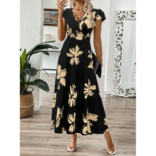 Damen Langarm-Maxikleid mit floralem Design und elegantem V-Ausschnitt EB
