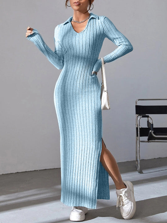 Damen Langarm Maxikleid mit V-Ausschnitt und seitlichem Schlitz EB