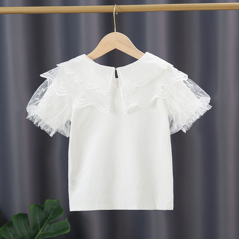 Mädchen Bluse mit transparenten Tüllärmeln und floralem Design EB
