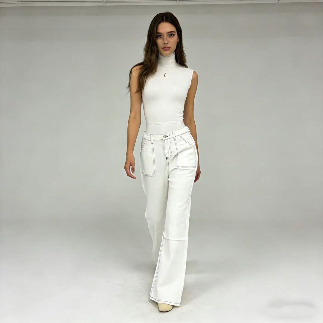 Damen nan hochgeschnittene Relaxed-Jeans mit geradem Bein und aufgesetzten Fronttaschen EB