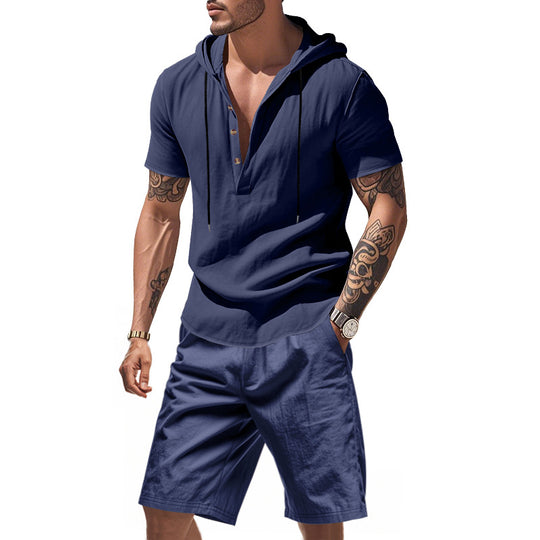 Herren lässiges Kurzarmhemd mit Kapuze und Shorts EB