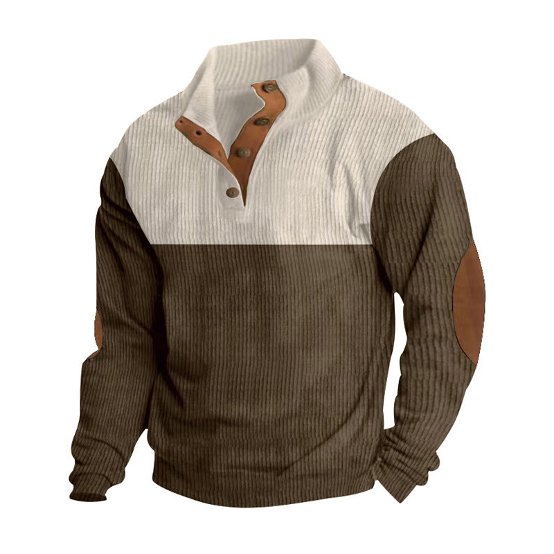 Herren nan gerippter Pullover mit Stehkragen, Knopfleiste und Ellbogen-Patches EB
