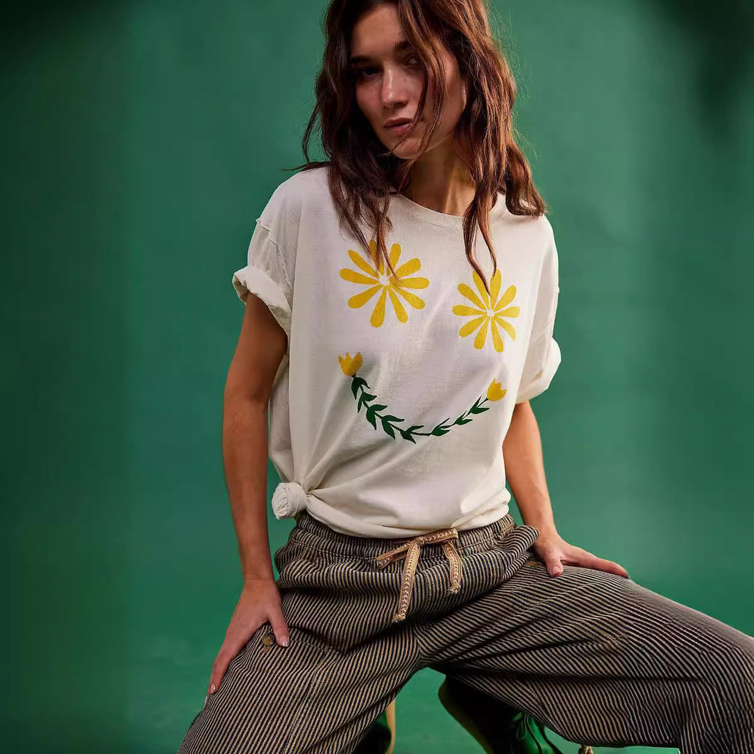 Damen lässiges T-Shirt mit floralem Smiley-Druck und Oversized-Schnitt EB