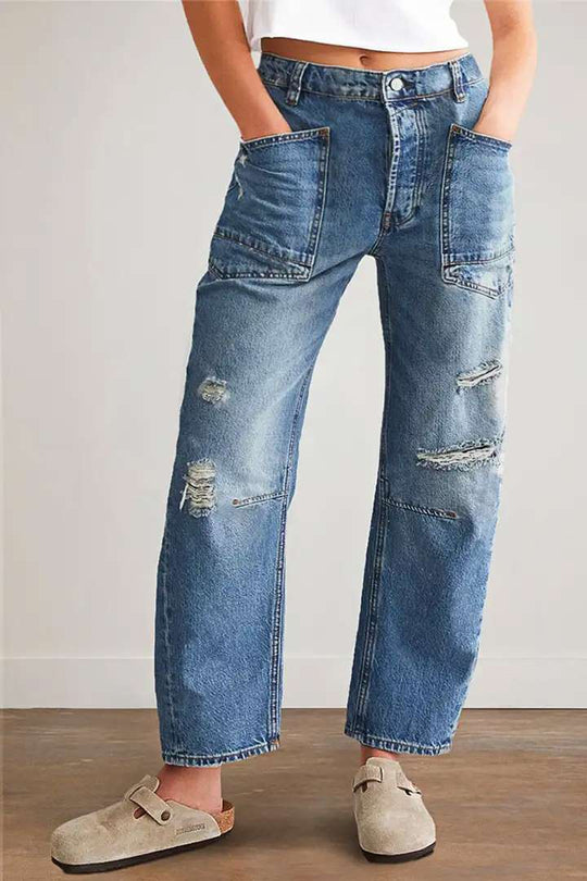 Damen weit geschnittene Jeans mit kreativen Taschen und Destroyed-Details EB
