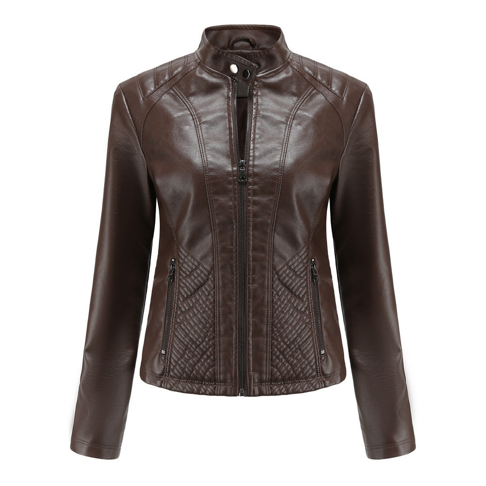Damen nan taillierte Biker-Kunstlederjacke mit Stehkragen und gesteppter Seitenpartie EB