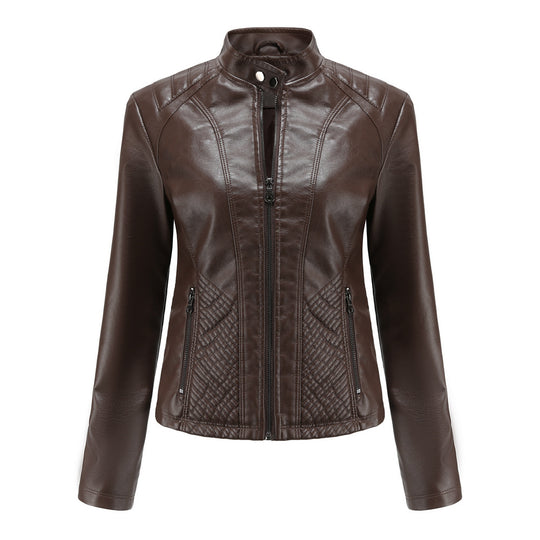 Damen nan taillierte Biker-Kunstlederjacke mit Stehkragen und gesteppter Seitenpartie EB