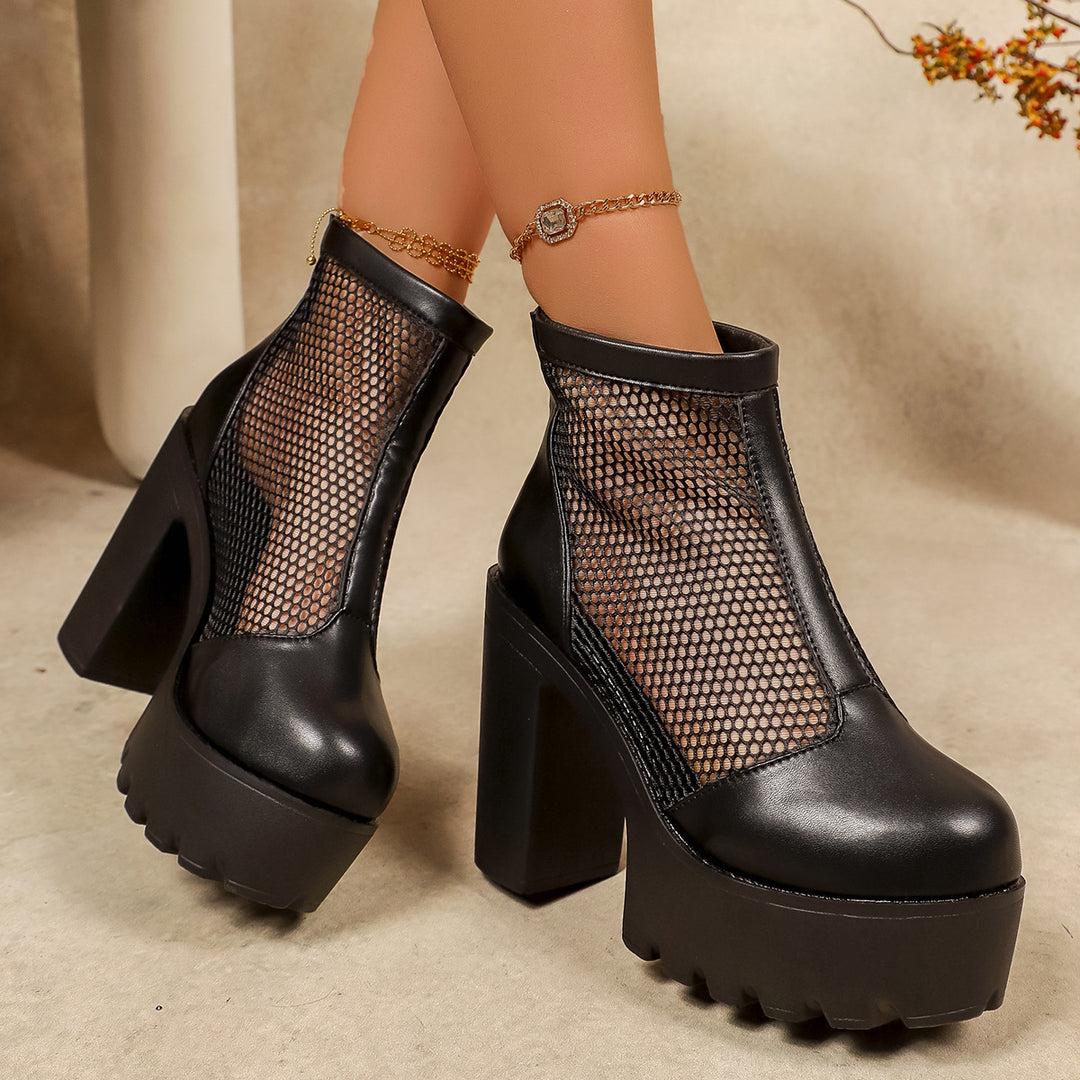 Damen Plateau Stiefeletten mit Netz-Ausschnitt und grobem Blockabsatz EB
