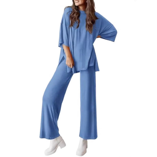 Damen Lässiges Lounge-Set aus weichem Jersey mit Oversize-Tunika und weiter Palazzo-Hose EB