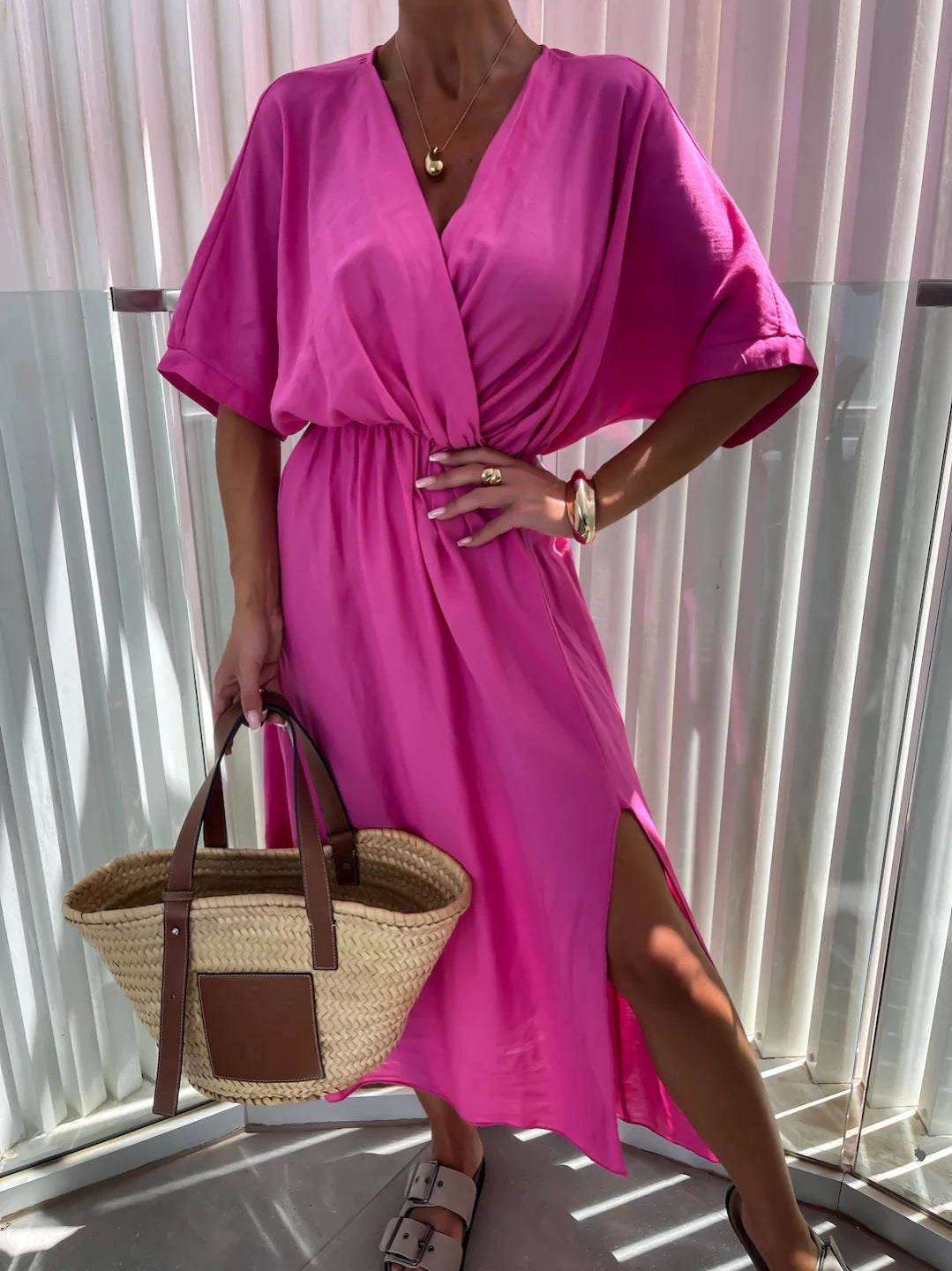 Damen lässiges Maxi-Kleid mit tiefem V-Ausschnitt und elastischem Taillenbund EB