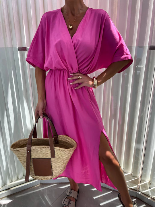 Damen lässiges Maxi-Kleid mit tiefem V-Ausschnitt und elastischem Taillenbund EB
