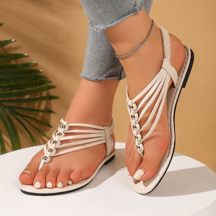 Damen modische und luftige Zehentrenner-Sandalen mit dekorativen Riemen EB