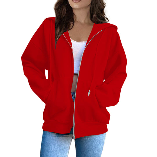 Damen nan lässige Kapuzenjacke mit durchgehendem Reißverschluss, Kängurutaschen und voluminösen Raglanärmeln EB