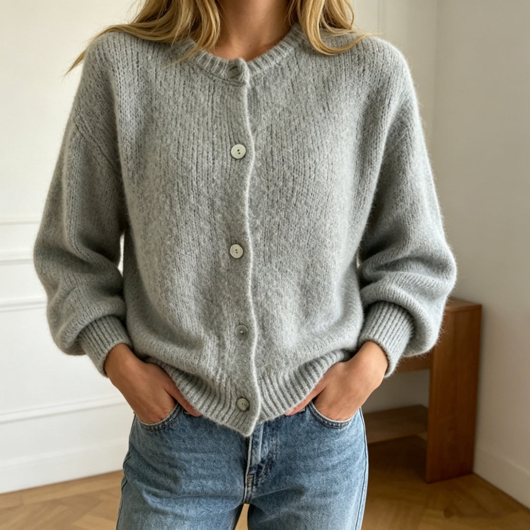 Damen Kuschelige Mohair-Optik Strickjacke mit Rundhals und Ballonärmeln EB