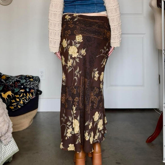Damen Maxi-Rock mit floralem Design und transparenter Chiffon-Überlage EB