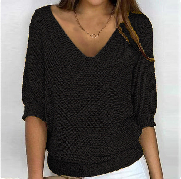 Damen nan lässiger Strickpullover mit V-Ausschnitt und Fledermausärmeln EB