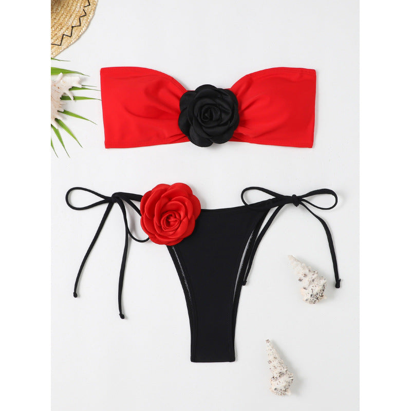 Damen Bandeau-Bikini mit modischem Blumendetail und verstellbaren Trägern EB