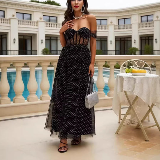 Damen Elegant schulterfreies Maxikleid mit transparenten Einsätzen und Pünktchenmuster EB