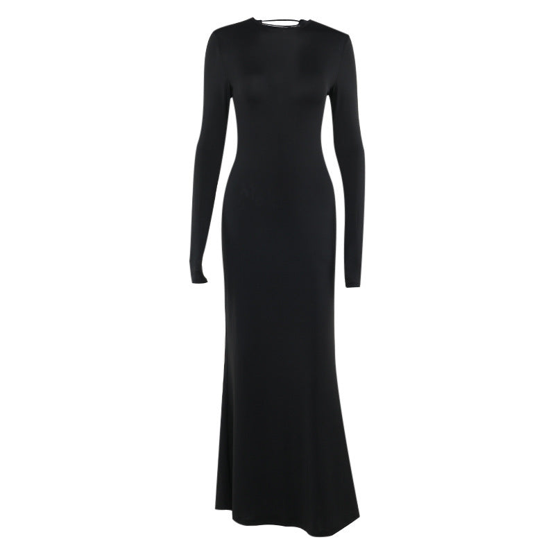 Damen Figurbetontes Maxikleid aus Stretch-Jersey mit langen Ärmeln und rundem Ausschnitt EB