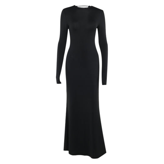 Damen Figurbetontes Maxikleid aus Stretch-Jersey mit langen Ärmeln und rundem Ausschnitt EB