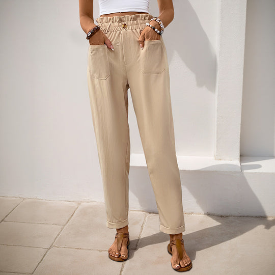 Damen lockere Stoffhose mit elastischem Bund und praktischen Taschen EB