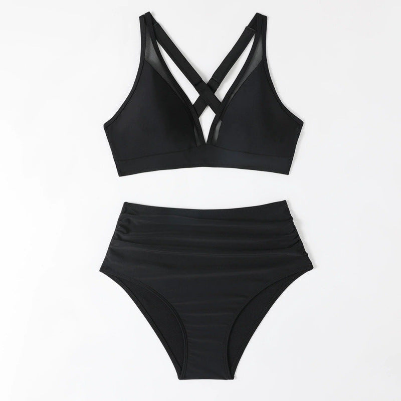 Damen Bikini-Set mit hoch geschnittenem Höschen und modernem Kreuz-Riemen-Design EB