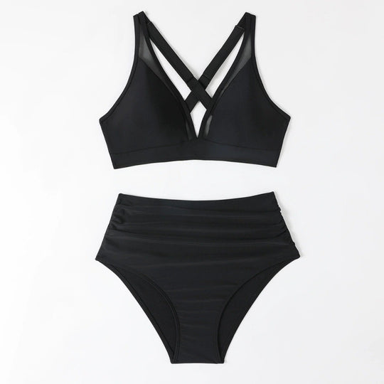 Damen Bikini-Set mit hoch geschnittenem Höschen und modernem Kreuz-Riemen-Design EB