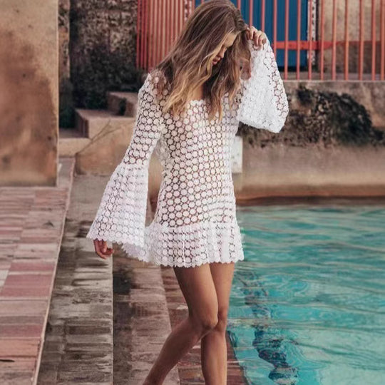 Damen Raffiniertes Häkelkleid im Boho-Stil mit weiten Ärmeln EB