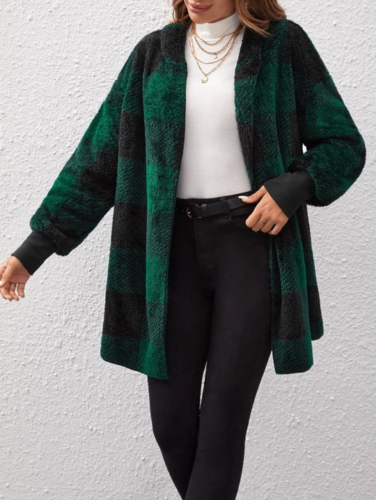 Damen nan karierter Teddy-Mantel mit großem Reverskragen und Rippbündchen EB