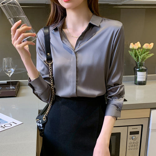 Frauen Luxuriöse Satin Knopf-Oben Bluse EB