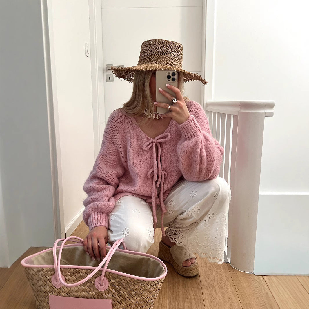 Damen Grobgestrickter Offener Cardigan mit Bindebändern, Oversize‑Silhouette und Raglanärmeln EB