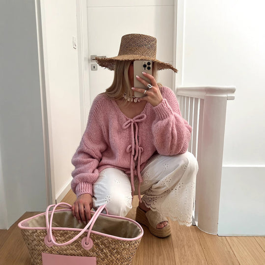 Damen Grobgestrickter Offener Cardigan mit Bindebändern, Oversize‑Silhouette und Raglanärmeln EB
