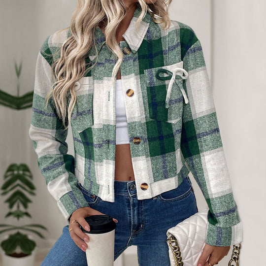 Damen lässige Karojacke mit praktischen Taschen und modischen Knopfdetails EB