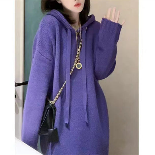 Damen Oversized Strick-Hoodiekleid mit Kordelzug und Taschen EB