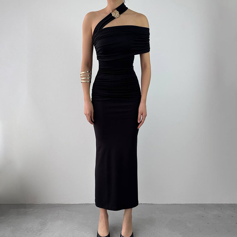 Damen Elegantes Rüschen-Maxikleid mit asymmetrischem Träger EB