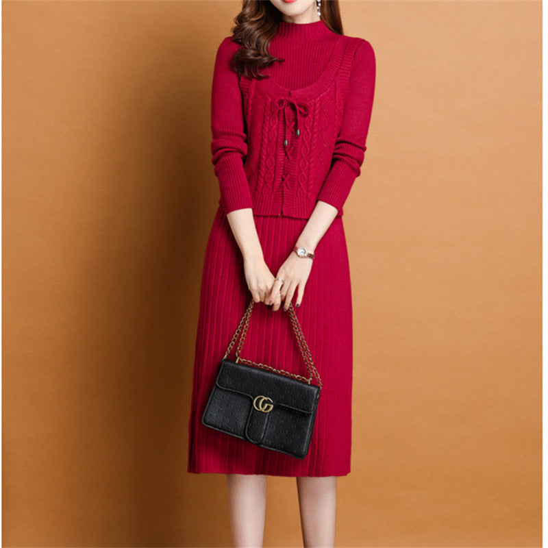 Damen elegantes Strickkleid mit hochgeschlossenem Kragen und dekorativem Zopfdesign EB