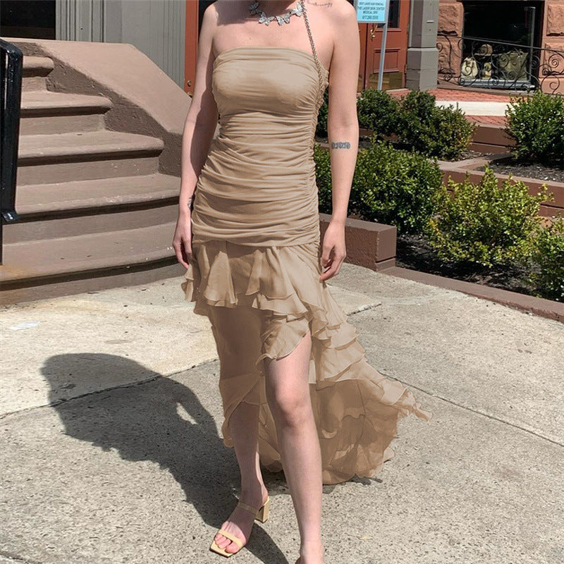 Damen Raffiniertes Maxi-Kleid mit schulterfreiem Design und voluminösem Rüschensaum EB