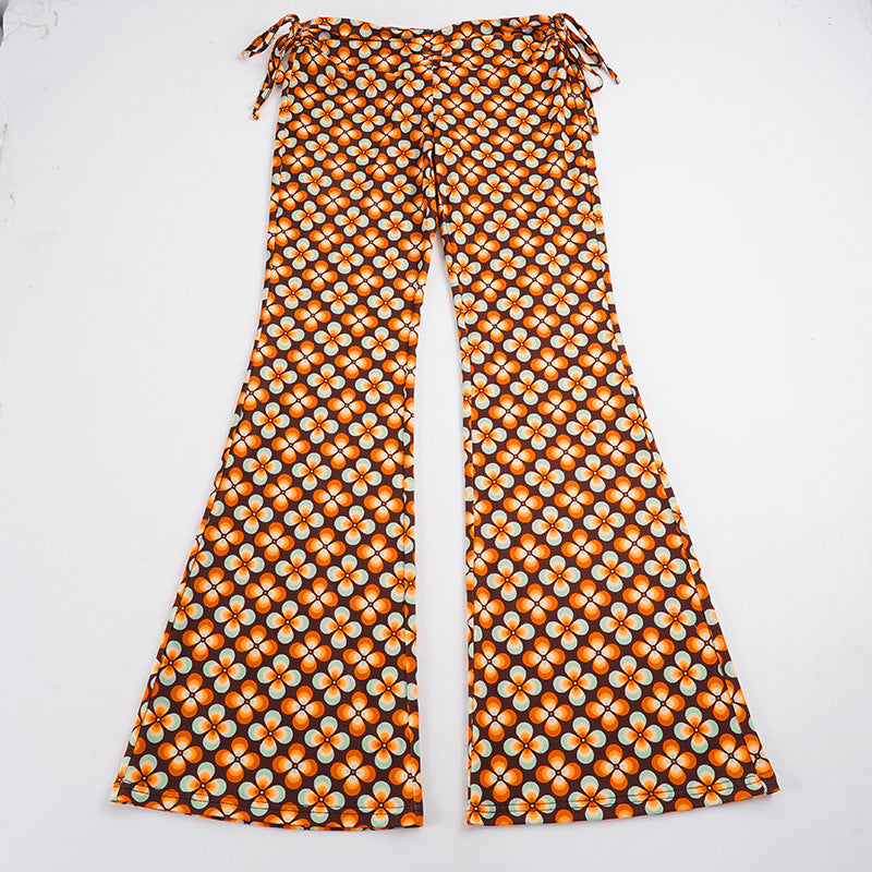 Damen nan ausgestellte Schlaghose mit hoher Taille, seitlichen Kordelzügen und retro Blumenprint EB