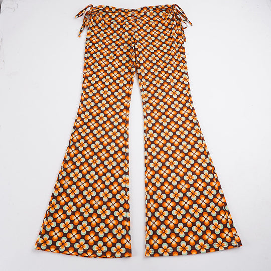 Damen nan ausgestellte Schlaghose mit hoher Taille, seitlichen Kordelzügen und retro Blumenprint EB