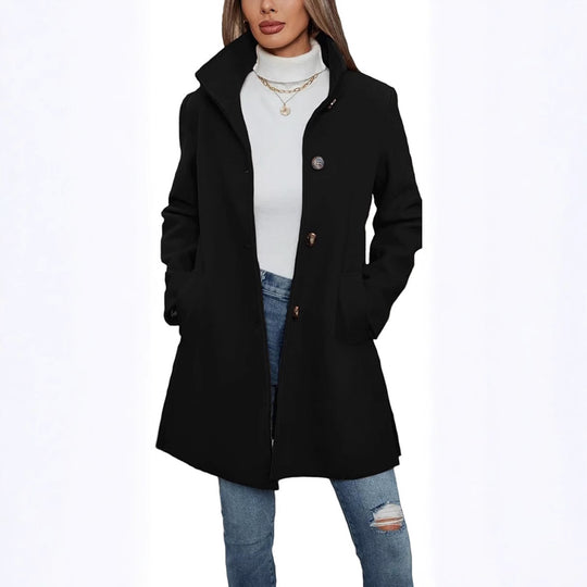 Damen Eleganter Wollmantel mit Hochgeschlossenem Kragen und Praktischen Taschen EB